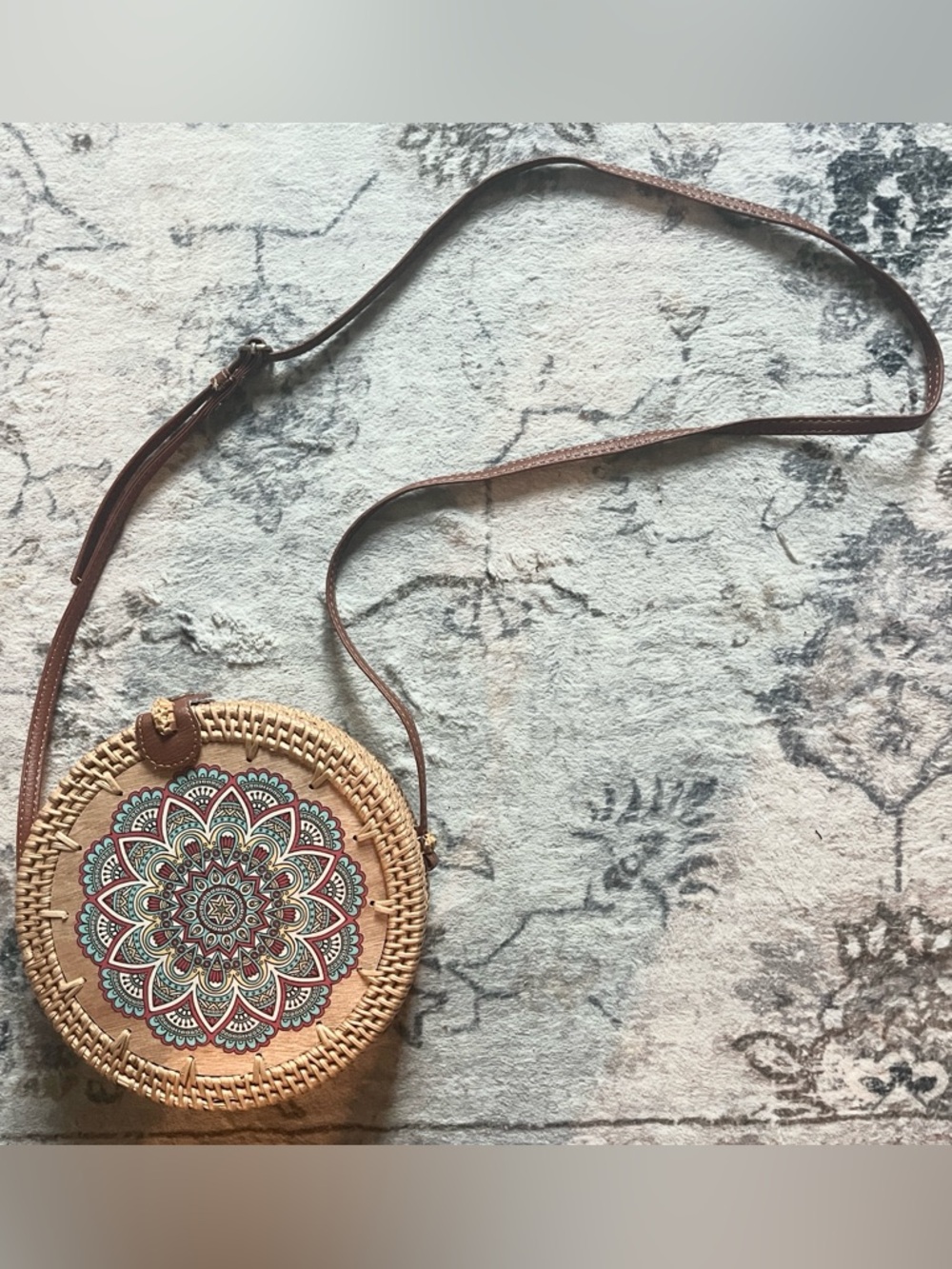Boho Round Woven Crossbody Bag with Colorful Mandala - Tan